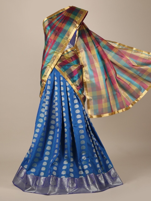 Pothys Blue & Silver-Toned Tissue Woven Design Half Saree
