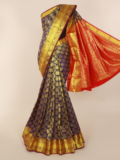 

Pothys Navy Blue & Gold-Toned Pure Silk Woven Design Kanjeevaram Saree