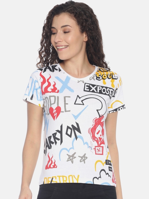 KULTPRIT Women White Printed Round Neck T-shirt