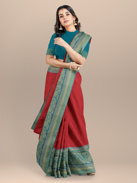 

BharatSthali Red Silk Cotton Woven Design Banarasi Handloom Saree