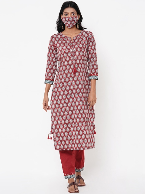 

FASHOR Women Maroon Printed Regular Gotta Patti Pure Cotton Kurta with Trousers