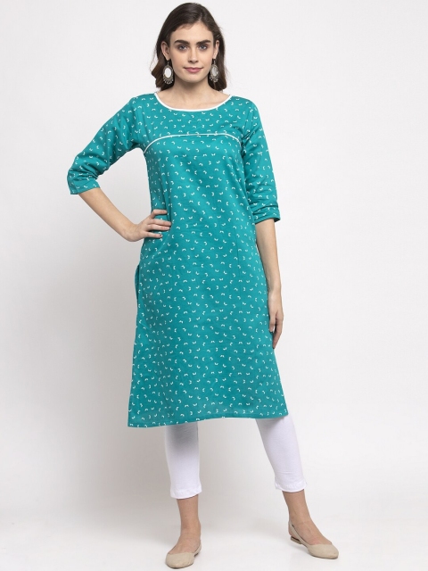 

NEUDIS Women Teal & White Printed Cotton Kurta with Trousers