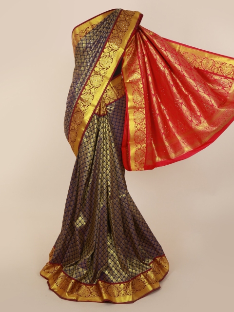 Pothys Navy Blue & Gold-Coloured Pure Silk Woven Design Kanjeevaram Saree