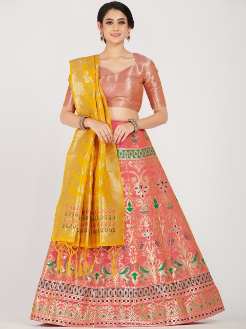 

MIMOSA Peach & Yellow Woven Design Semi-stitched Lehenga With Unstitched Blouse & Dupatta
