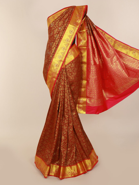 

Pothys Maroon & Gold-Toned Pure Silk Woven Design Kanjeevaram Saree