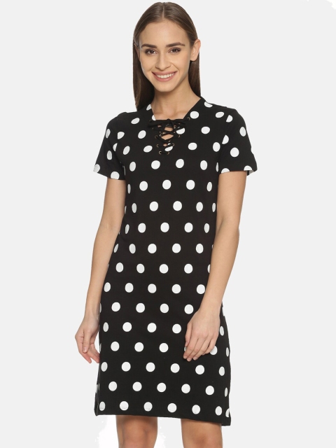 KULTPRIT Women Black Polka Dot Printed Cotton Sheath Dress