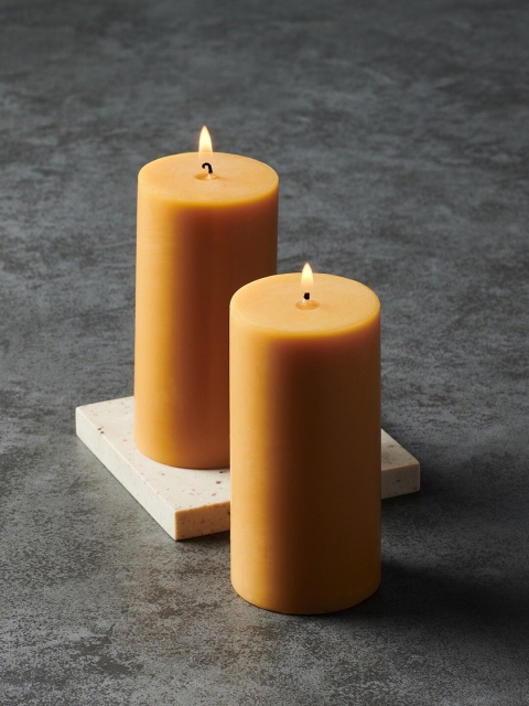 

Pure Home and Living Set Of 2 Mustard Yellow Short Eucalyptus Pillar Candle