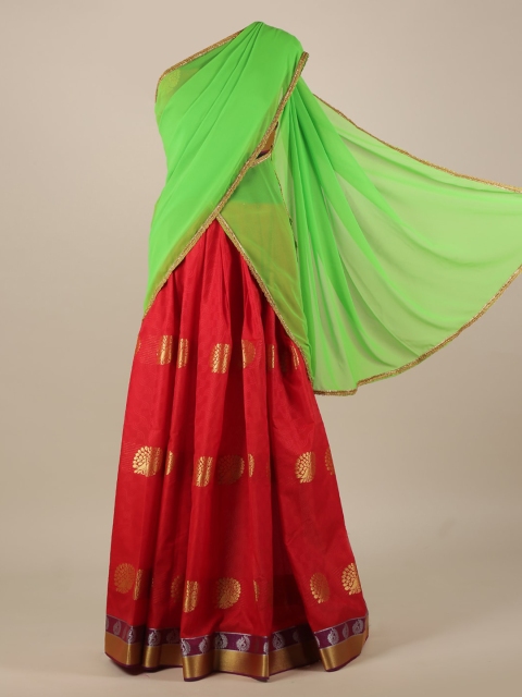 

Pothys Green & Red Poly Chiffon Printed Traditional Half Saree