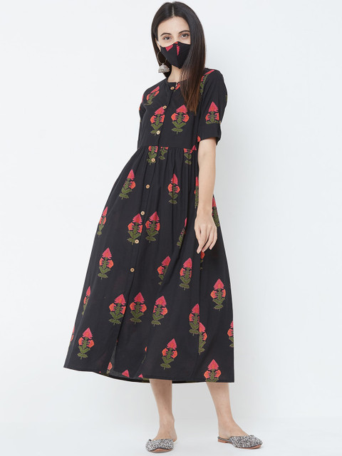 

FASHOR Women Black Printed Ethnic Fit and Flare Dress with 2-Ply Mask