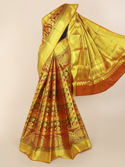 

Pothys Gold-Toned & Peach-Coloured Pure Silk Woven Design Kanjeevaram Saree
