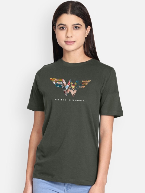 

Free Authority Women Olive Green Wonder Woman Printed Round Neck T-shirt