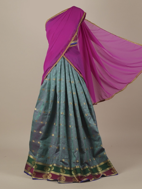 

Pothys Pink & Green Poly Chiffon Woven Design Half Saree
