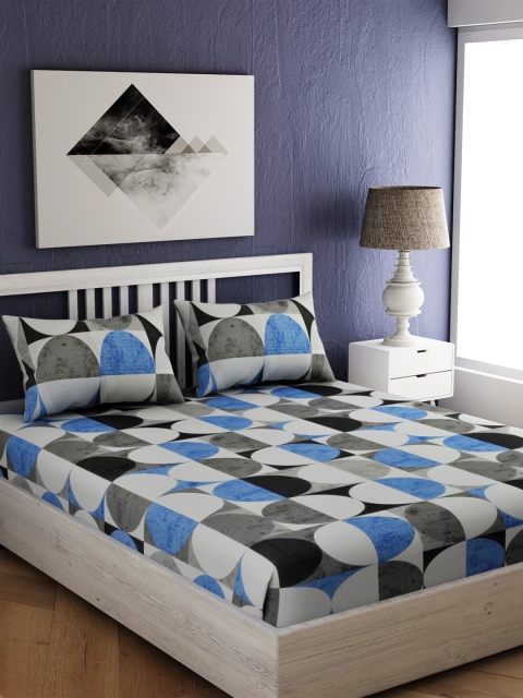 

EverHOME Grey & Blue Geometric Printed 144 TC Cotton 1 Double Queen Bedsheet With 2 Pillow Covers