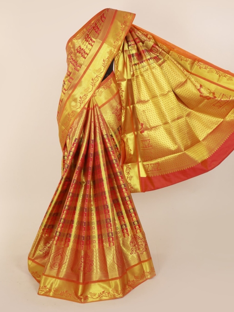 

Pothys Gold-Toned & Peach-Coloured Pure Silk Woven Design Kanjeevaram Saree