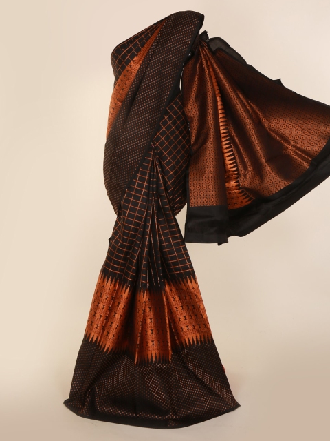 

Pothys Black & Orange Pure Silk Checked Kanjeevaram Saree