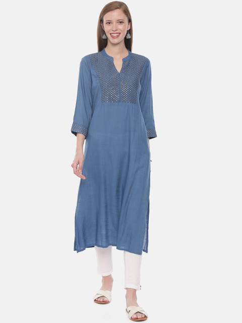 

Neerus Women Blue Embroidered A-Line Kurta