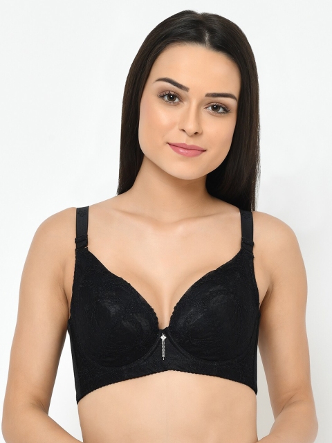 Cosmo Lady Black Lace Graphic Leaf Design Underwired Heavily Padded Push-Up Bra 98907