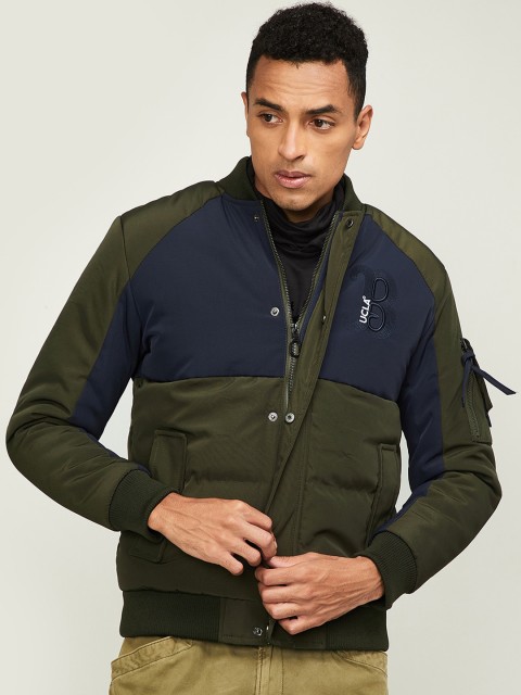 

UCLA Men Olive Green & Navy Blue Colourblocked Bomber Jacket