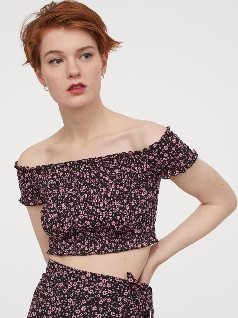 

H&M Women Multicolored Floral Print Cropped off-the-shoulder top, Multi