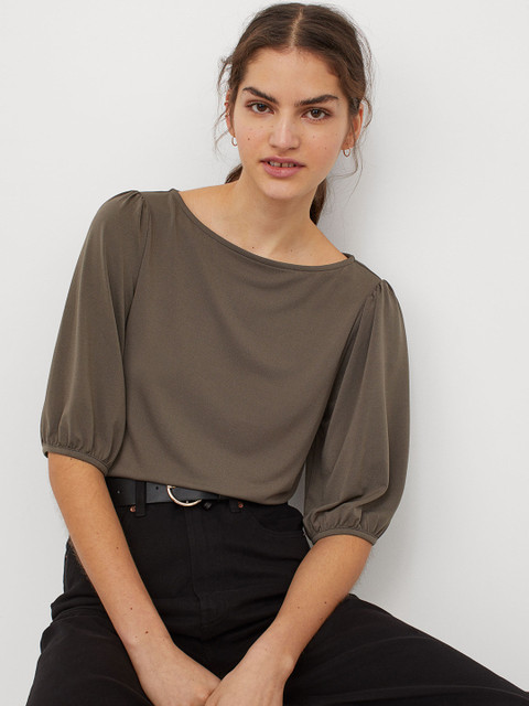 

H&M Women Olive Brown Solid Puff sleeved boat neck top