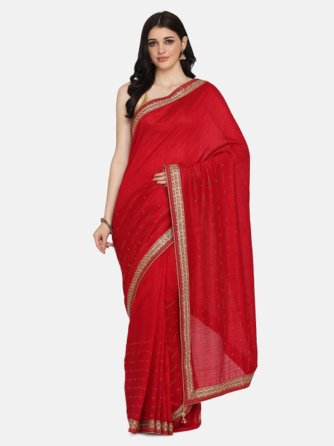 

BOMBAY SELECTIONS Red Silk Blend Embellished Tussar Handloom Saree
