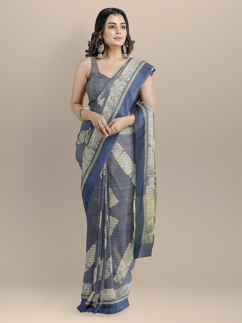 

BharatSthali Blue & Beige Silk Cotton Printed Venkatgiri Handloom Sustainable Saree