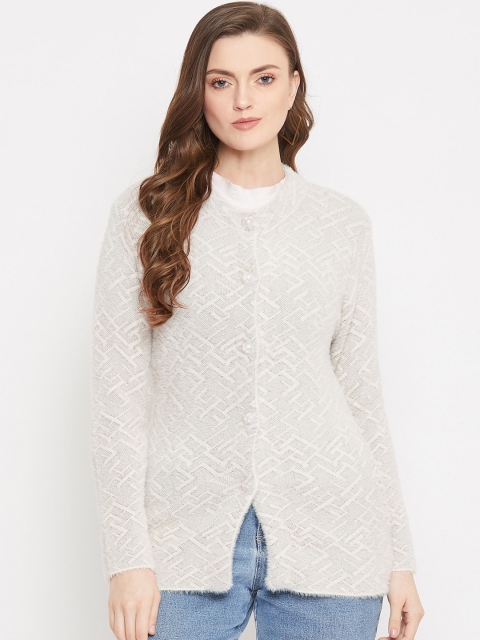 

Zigo Women White Self Design Knitted Cardigan