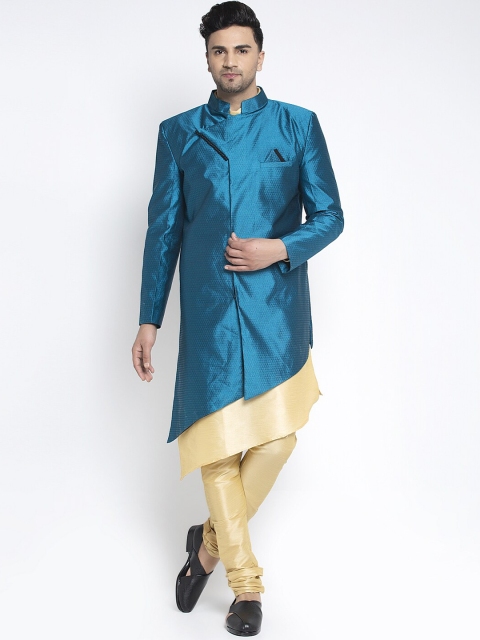 

Benstoke Men Teal-Blue & Gold-Coloured Self Design Sherwani Set