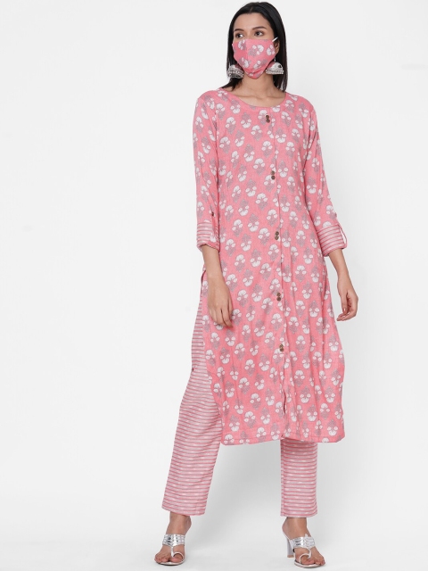 

FASHOR Women Peach-Coloured Printed Kurta with Trousers
