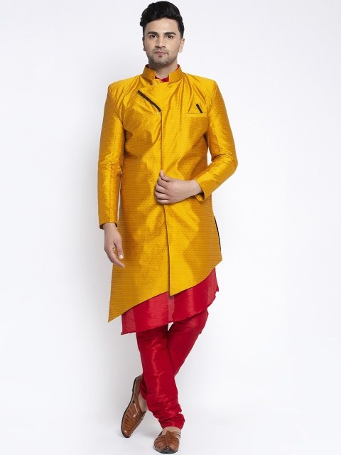 

Benstoke Men Mustard-Yellow & Red Self Design Sherwani Set