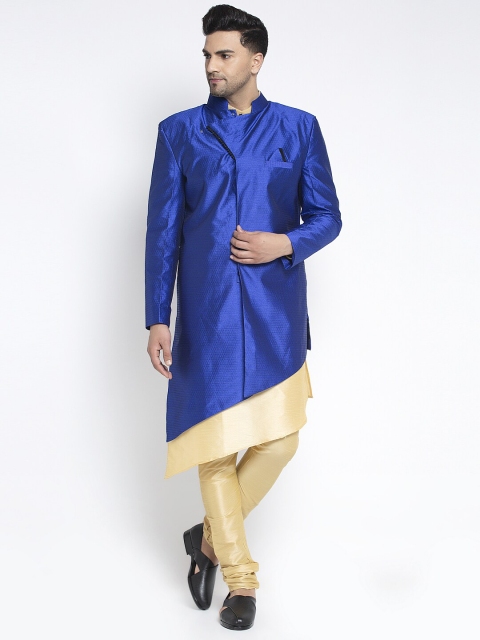 

Benstoke Men Blue & Cream-Coloured Self Design Sherwani Set