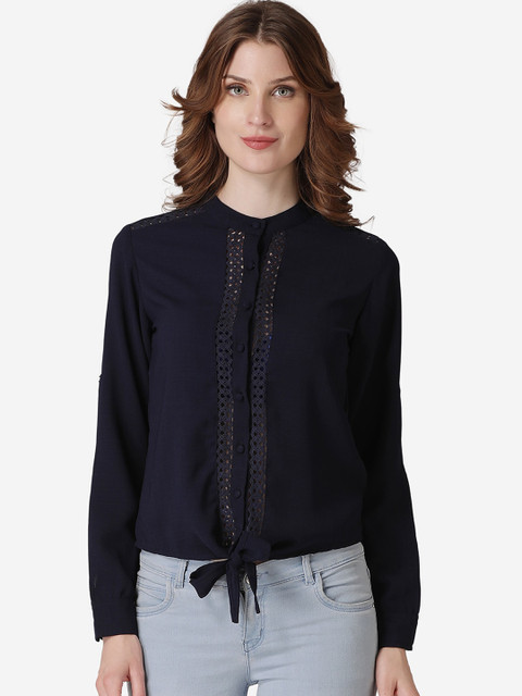 

LABEL REGALIA Women Navy Blue Self Design Shirt Style Top