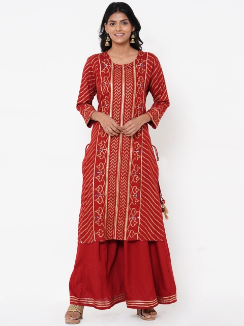 

FASHOR Women Red Printed Kurta with Palazzos