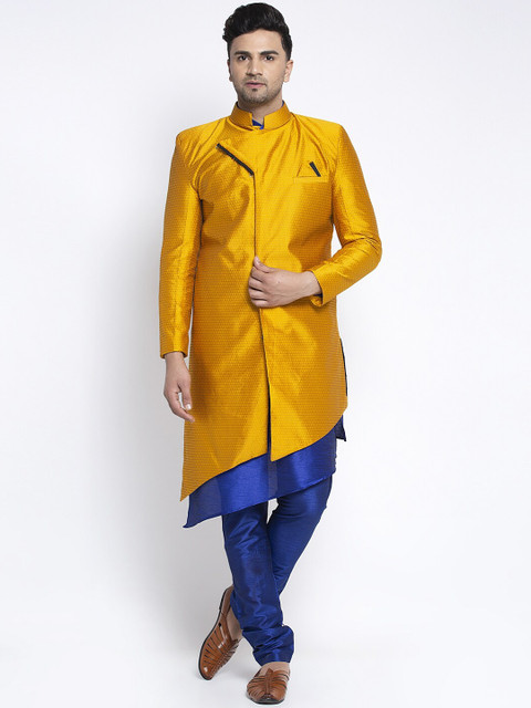 

Benstoke Men Mustard-Yellow & Navy Blue Self Design Sherwani Set, Gold