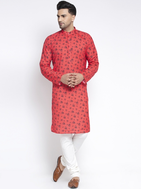 

Benstoke Men Red & White Printed Kurta with Churidar