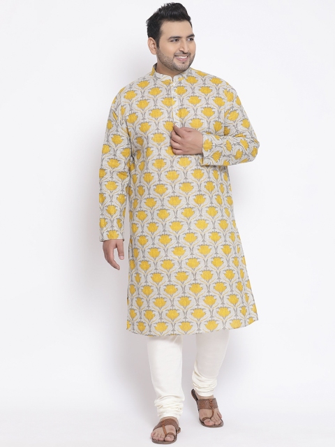 

KISAH PLUS Men Grey & Yellow Printed Straight Kurta
