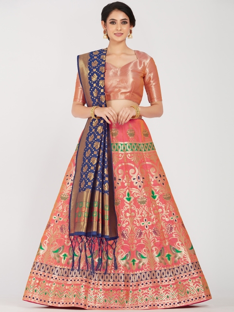 

MIMOSA Pink & Blue Woven Design Semi-Stitched Lehenga With Unstitched Blouse & Dupatta