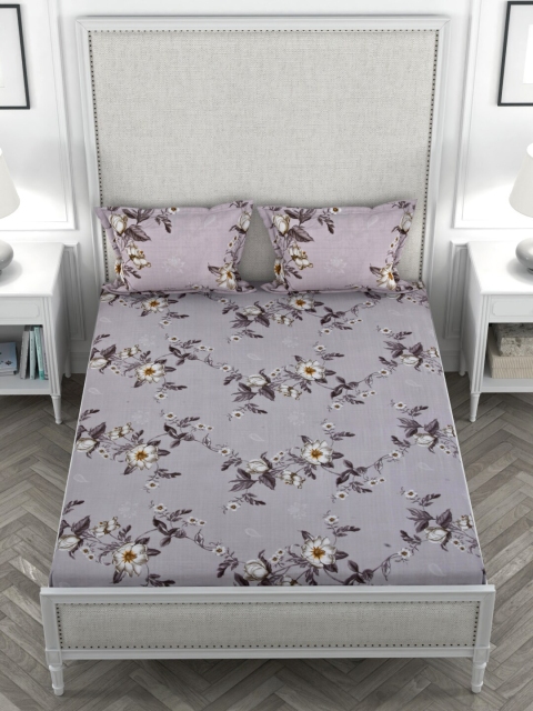 

STELLAR HOME Lavender & White Floral Printed Cotton Double Queen Bedsheet With 2 Pillow Covers