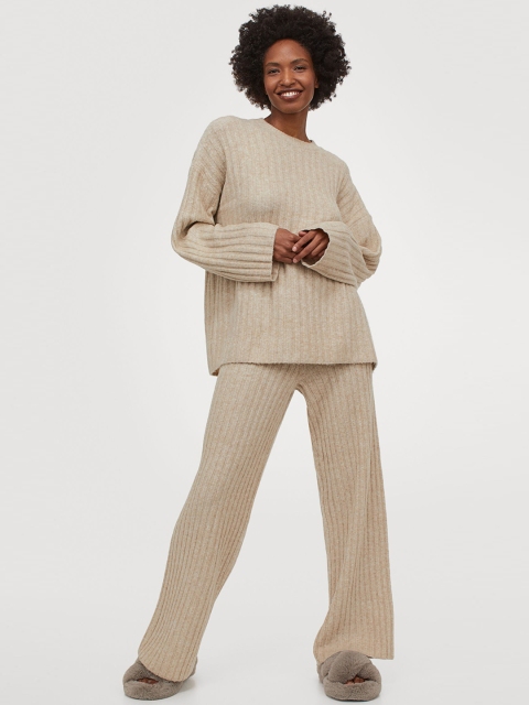 

H&M Women Beige Solid Wool-blend Ribbed Jumper