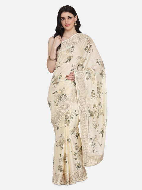 BOMBAY SELECTIONS Off-White & Green Poly Crepe Printed Saree
