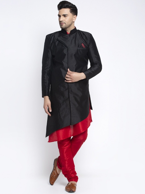

Benstoke Men Black & Red Self Design Sherwani Set