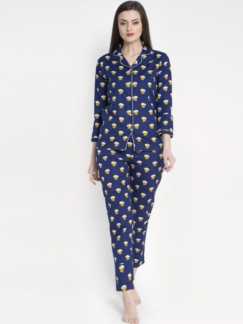 

MAXENCE Women Navy Blue & Yellow Printed Night Suit