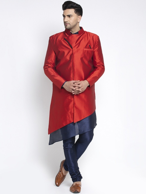 

Benstoke Men Red & Navy Blue Self Design Sherwani Set