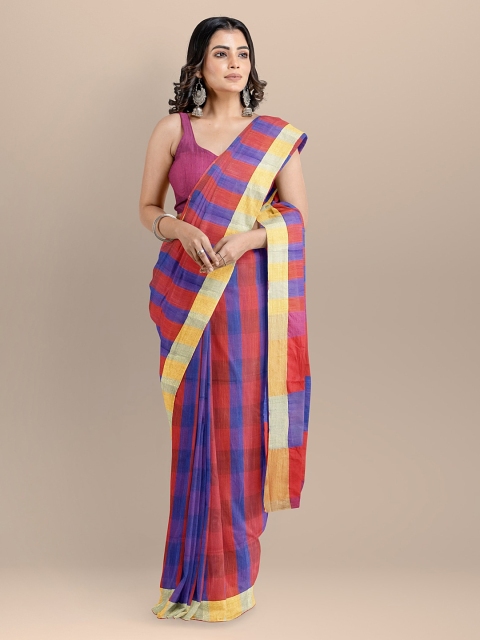 

BharatSthali Blue & Red Silk Cotton Checked Venkatgiri Handloom Sustainable Saree