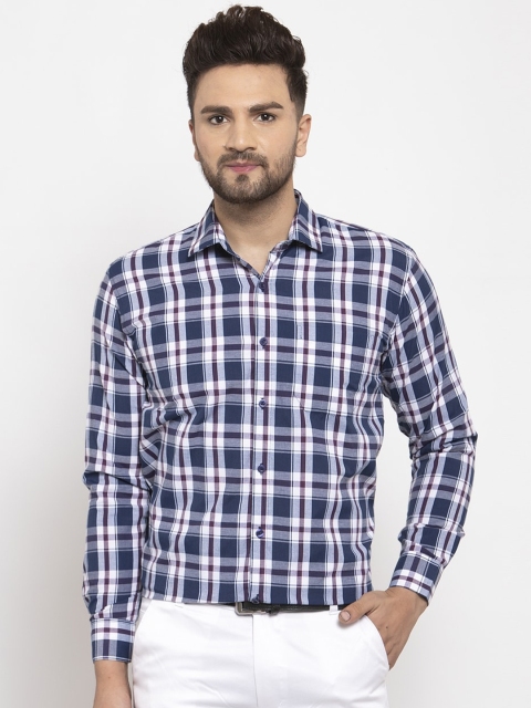 

JAINISH Men Navy Blue & Off-White Regular Fit Checked Formal Shirt