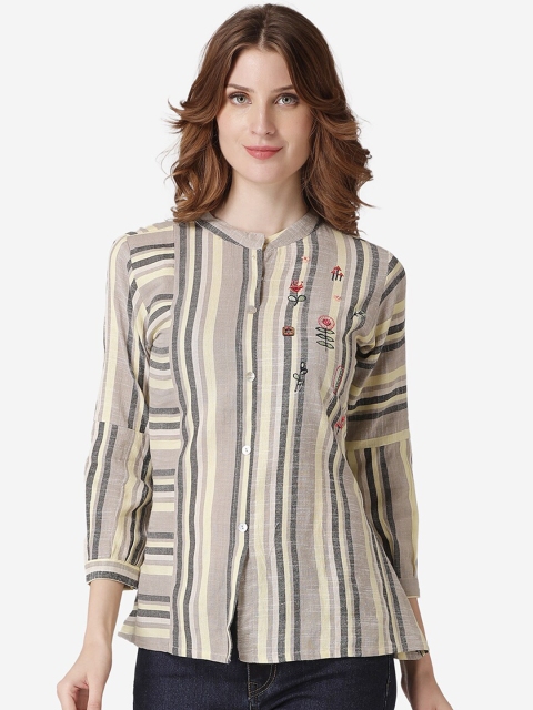 

LABEL REGALIA Women Yellow Striped Pure Cotton Top