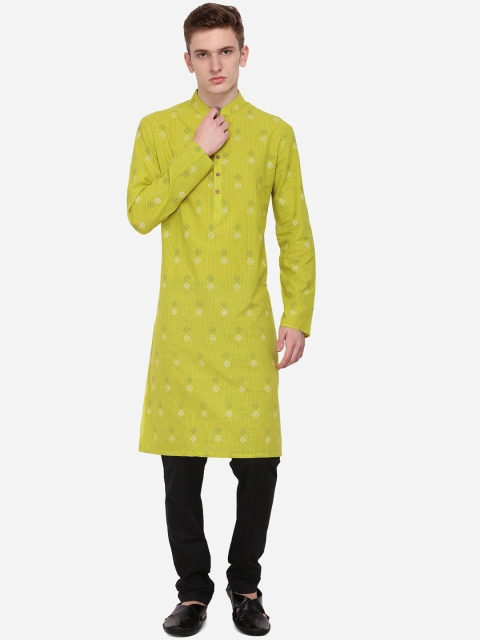 

azania Men Green Striped Straight Kurta
