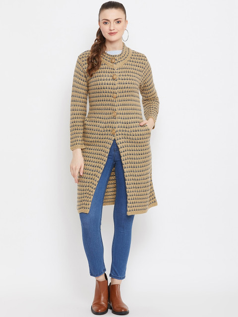 

Zigo Women Beige & Black Self Design Longline Knitted Cardigan