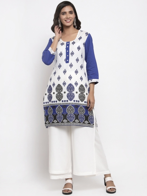 

Kiaasa Women White & Navy Blue Printed Straight Kurta