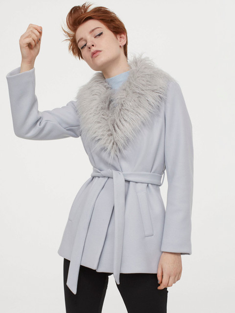

H&M Grey Women Faux Fur-Collared Coat